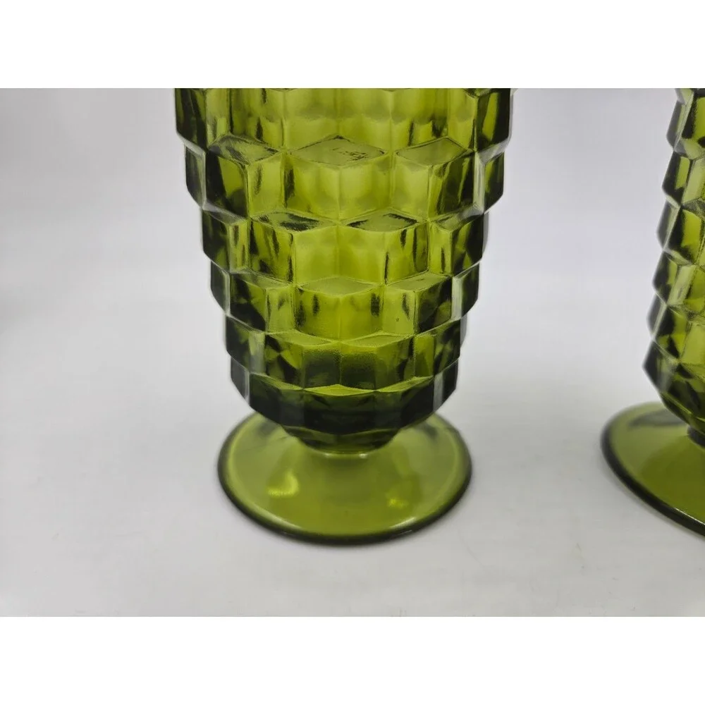 2 Vintage Avocado Green Indiana Glass Whitehall Colony Cubist 6” Footed Tumblers